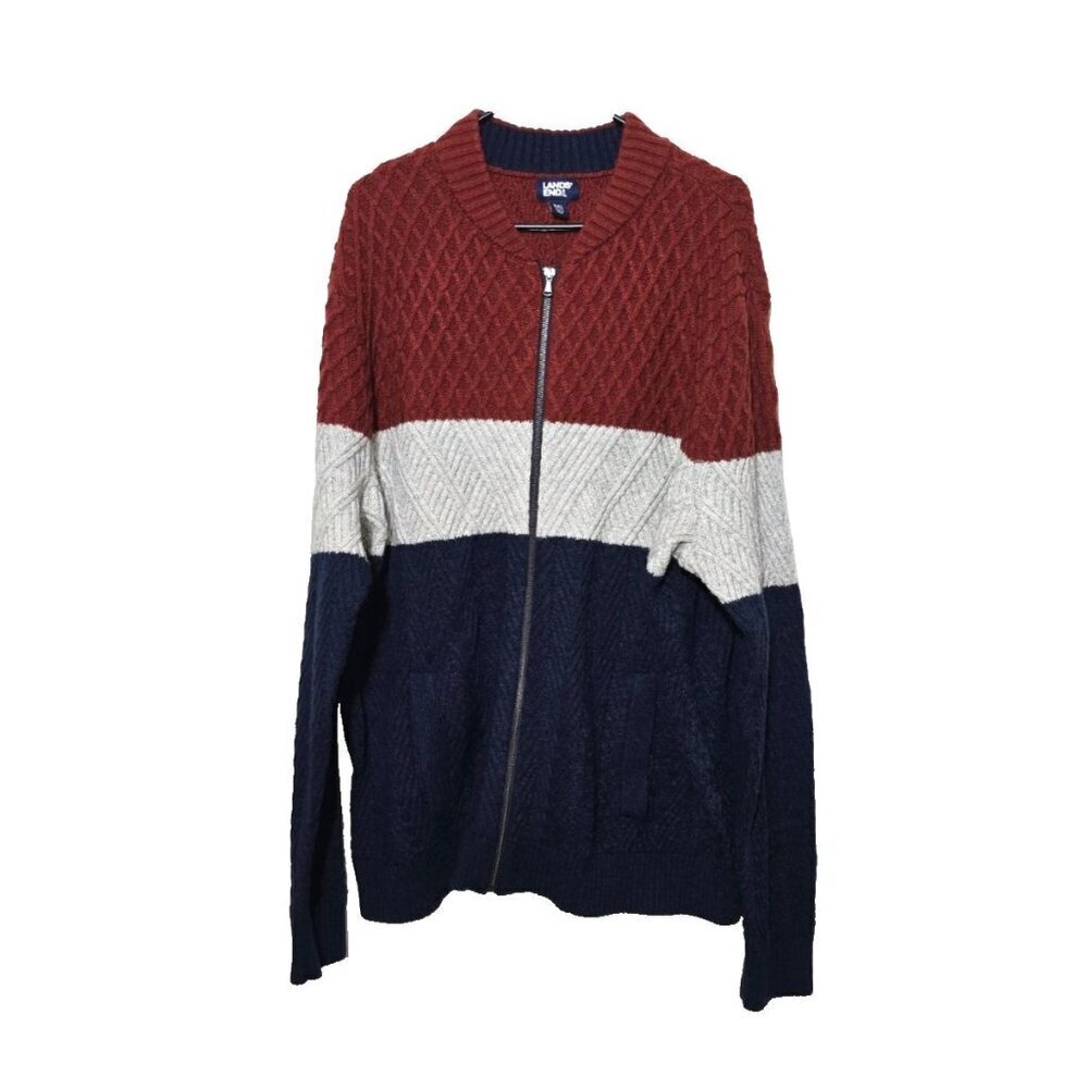Lands End Men Cardigan XXL 50-52 Full Zip Chunky Cable Knit Fisherman Wool Blend